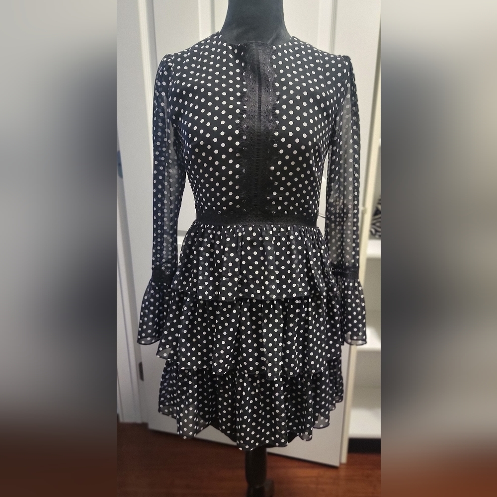 BEBE Dress Black White Polka Dot dress. BeBe Petite 0 - 2. Very flowing dress.